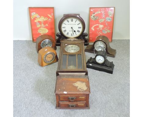 A collection of mantel clocks, together with a wall clock