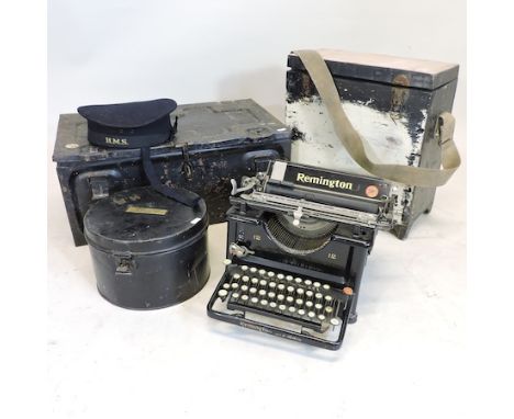 A World War II navy ammunition box, 62cm, together with another box, a navy hat, in a hat box, and a Remington typewriter
