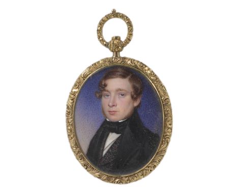 A PORTRAIT MINIATURE OF GENTLEMAN, ENGLISH SCHOOL, CIRCA 1840 brown hair, wearing a black coat and plum embroidered waistcoat