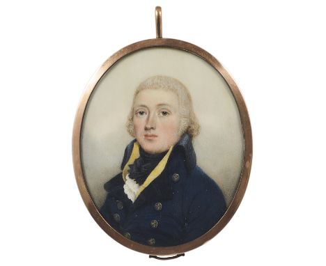 A PORTRAIT MINIATURE OF A GENTLEMAN, ATTRIBUTED TO JOHN DOWNMAN (1750-1824), CIRCA 1795 with powdered hair, wearing a blue co