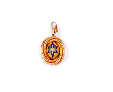 GOLD AND ENAMEL LOCKET AND BROOCH, LATE 19TH CENTURY the oval locket decorated with a cultured pearl and blue enamel star sus
