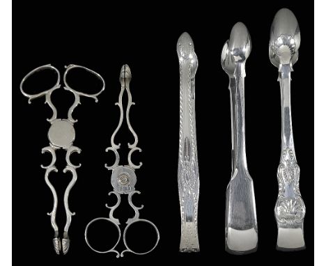 TWO PAIRS OF GEORGE II SILVER TEA TONGS OR NIPS, MAKER'S MARKS APPARENTLY TW AND W.O (probably for WILLIAM OVERTON), LONDON, 