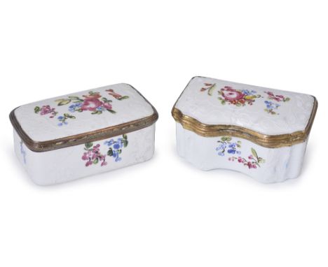 A GERMAN ENAMEL SNUFF BOX, MID 18TH CENTURY serpentine fronted, with raised foliate borders surrounding floral painted panels