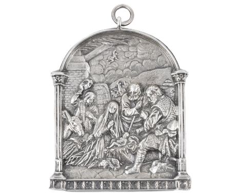 A SILVER PANEL OF THE NATIVITY, UNMARKED, PERHAPS BELGIAN, LATE 19TH CENTURY cast in relief with the Holy Family and two shep