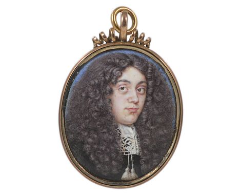 A PORTRAIT MINIATURE OF A GENTLEMAN, CIRCLE OF PAUL PRIEUR (1615-1685), CIRCA 1670 with a long curled brown hair, wearing a b
