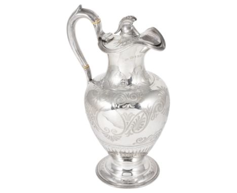 A VICTORIAN SILVER EWER, WILLIAM HUNTER, LONDON, 1857 of Classical baluster form, with linear ground engraved bands of anthem