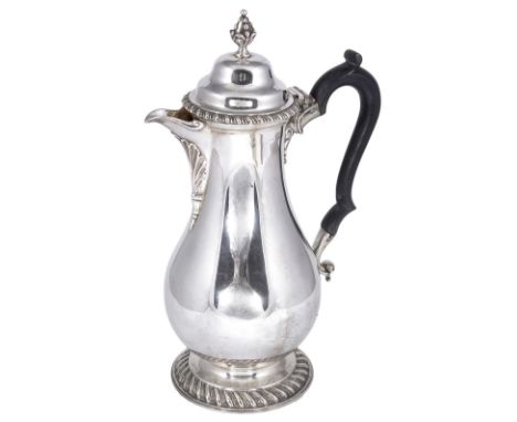 A GEORGE V SILVER HOT WATER JUG, J. PARKES & CO, LONDON, 1914 in George III plain baluster style, engraved with scrolling ini