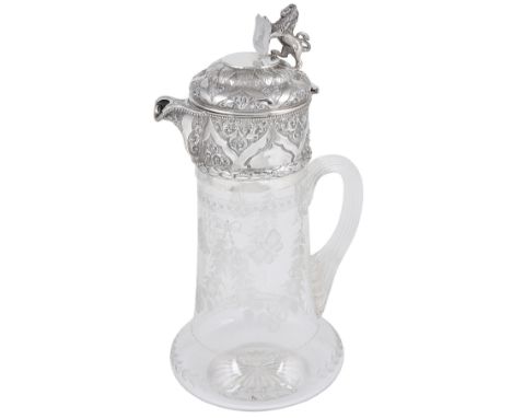 A VICTORIAN SILVER-MOUNTED CLARET JUG, CHARLES EDWARDS, LONDON, 1879 the glass body etched with butterflies between floral sw