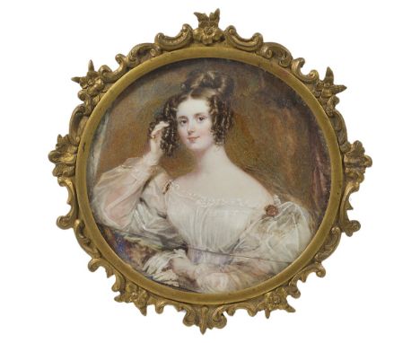 A PORTRAIT MINIATURE OF A LADY, BY JAMES HOLMES (1777-1860), CIRCA 1830 half length with right hand raised to her head, with 