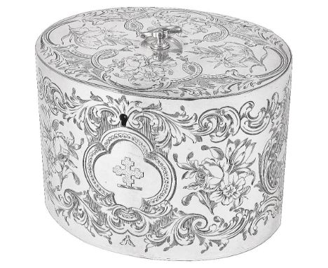 A GEORGE III SILVER TEA CADDY, PERHAPS THOMAS JUSTIS, LONDON, 1778 oval, later engraved with scrolled strapwork and foliage, 