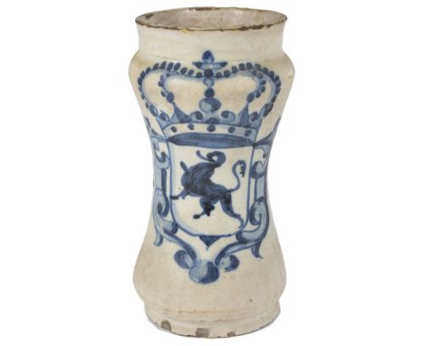 A SPANISH BLUE AND WHITE ALBARELLO, MID 18TH CENTURY slightly waisted, painted with a crown and scrolls surrounding a rampant