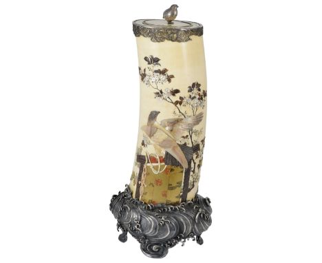 A LARGE JAPANESE 'SHIBAYAMA' WORK IVORY AND SILVER VASE AND COVER, MEIJI PERIOD (1868-1912) the tusk inlaid with a falcon tie
