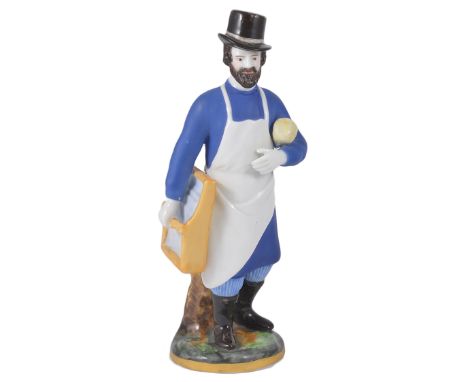 A RUSSIAN PORCELAIN FIGURE OF A GLAZIER, GARDNER PORCELAIN MANUFACTORY, 1830s-1840s wearing a white apron, tall boots, blue s