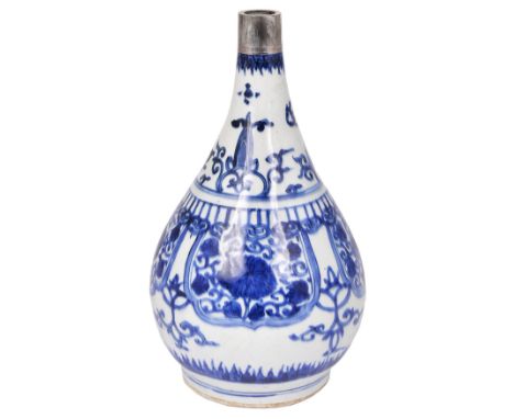 A CHINESE PORCELAIN BLUE AND WHITE BOTTLE VASE, KANGXI (1662-1722) the pear-shaped body rising from a straight foot to a tape