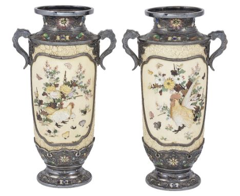 A PAIR OF JAPANESE SILVER-MOUNTED, IVORY AND ENAMEL VASES, MEIJI PERIOD (1868-1912) each ivory body with a 'Shibayama' work p