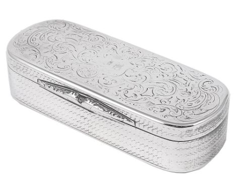 A VICTORIAN SILVER SNUFF BOX, TAYLOR & PERRY, BIRMINGHAM, 1839 oblong, lid and base with scroll foliate engraving, engine-tur