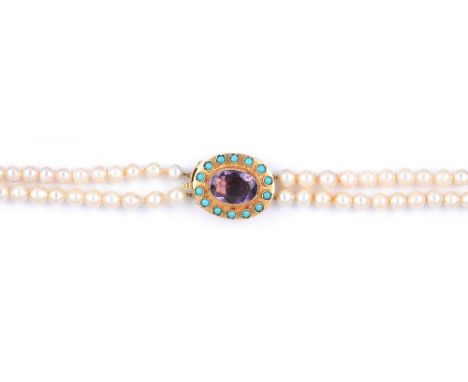 AMETHYST, TURQUOISE AND CULTURED PEARL NECKLACE the clasp set with a central oval amethyst within a border of turquoise suspe