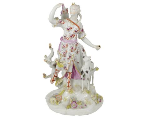 A DERBY FIGURE OF DIANA, CIRCA 1760 the goddess on one leg, her hand reaching back to her quiver, her robe painted with delic