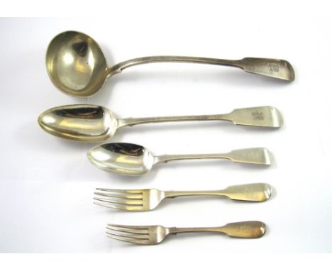 A PART SET VICTORIAN TABLE SILVER, GEORGE ADAMS FOR CHAWNER & CO., LONDON, 1853 Fiddle pattern, monogrammed FCH, comprising: 