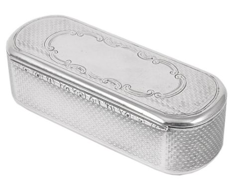 A VICTORIAN SILVER SNUFF BOX, EDWARD SMITH, BIRMINGHAM, 1849 oblong, with engine-turning surrounding a vacant scroll cartouch