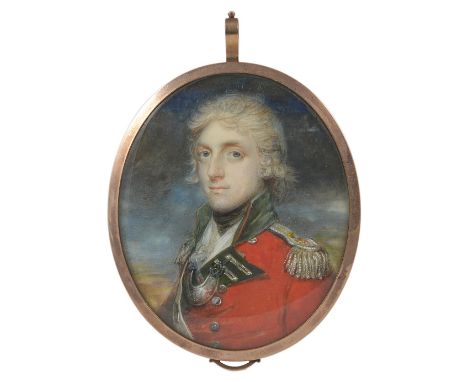 A PORTRAIT MINIATURE OF AN OFFICER, BY WILLIAM GRIMALDI (1751-1830), DATED 1797 with powdered hair, wearing a red uniform wit
