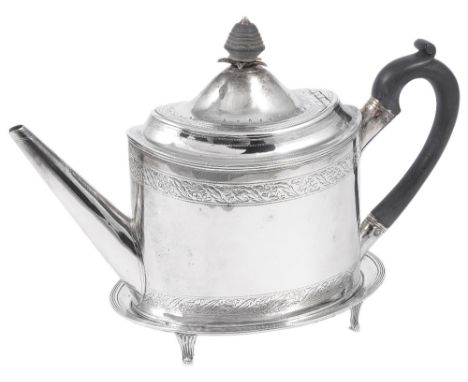 A GEORGE III SILVER TEAPOT ON STAND, PETER, ANN & WILLIAM BATEMAN, LONDON, 1799 oval, both initialled JJH and with bright-cut