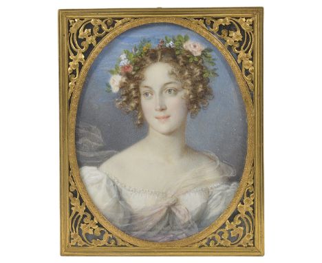 A PORTRAIT MINIATURE OF A YOUNG LADY, BY NATALE SCHIAVONI (1777-1858), CIRCA 1830 with summer flowers in her curled hair, wea