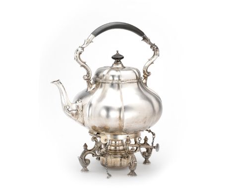 A GEORGE V SILVER TEA KETTLE ON LAMPSTAND, H.H. PLANTE, LONDON, 1927 the compressed gourd shaped kettle with cast faceted spo