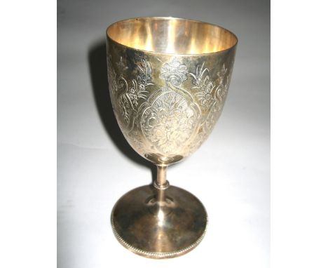 A VICTORIAN SILVER GOBLET, JAMES DIXON & SON, SHEFFIELD, 1866 the bowl bright-cut engraved with foliage amidst arabesque stra