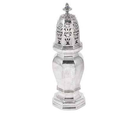A QUEEN ANNE SILVER CASTER, JOHN ECKFOURD, LONDON, 1708 of octagonal outline throughout, spreading foot, inverted baluster bo