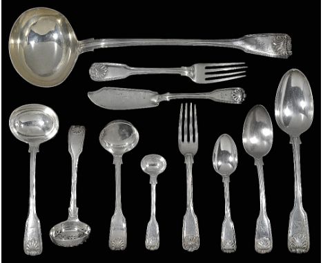 A SET OF GEORGIAN TABLE SILVER, WILLIAM EATON, LONDON, 1829/34 Fiddle Thread and Shell pattern, engraved with a crest, compri