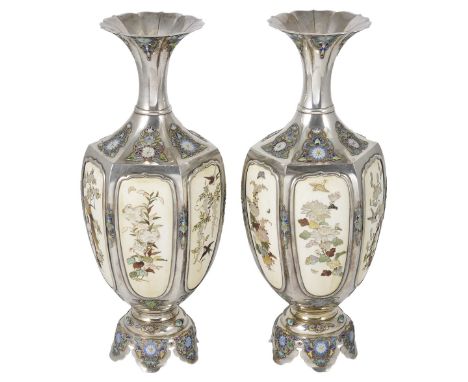A PAIR OF JAPANESE SILVER, ENAMEL AND IVORY VASES, MEIJI PERIOD (1868-1912) the hexagonal bodies set with shaped ivory panels
