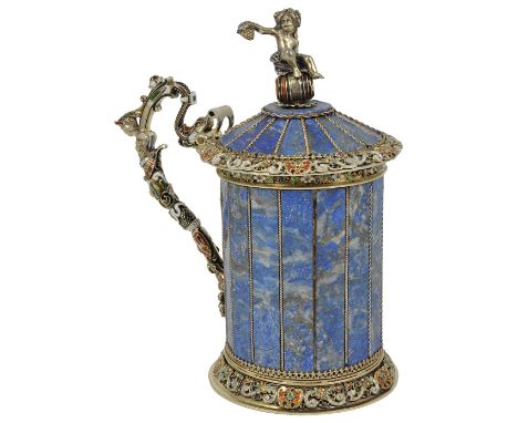 AN AUSTRIAN LAPIS LAZULI, SILVER-GILT AND ENAMEL TANKARD, HERMANN RATZERSDORFER, VIENNA, CIRCA 1870 the cylindrical body and 