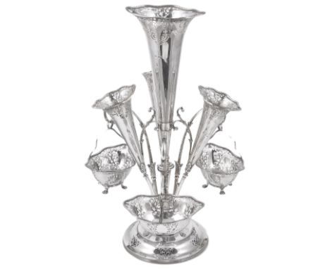 A GEORGE V SILVER EPERGNE, WILLIAM HUTTON & SONS LTD., SHEFFIELD, 1922 circular base with scroll pierced panels, the central 