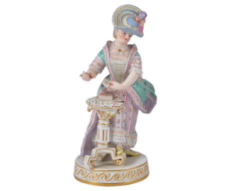 A MEISSEN FIGURE OF A LADY, LATE 19TH CENTURY after the model by Acier of a young standing woman playing cards at a tripod ta