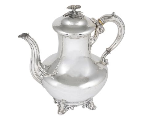 A VICTORIAN SILVER COFFEE POT, EDWARD BARNARD & SONS, LONDON, 1877 plain baluster, engraved with a coat of arms, on scroll pa