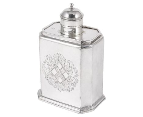 A GEORGE I SILVER TEA CADDY, MAKER'S MARK INDECIPHERABLE, LONDON, 1714 rectangular with canted corners, engraved with a conte