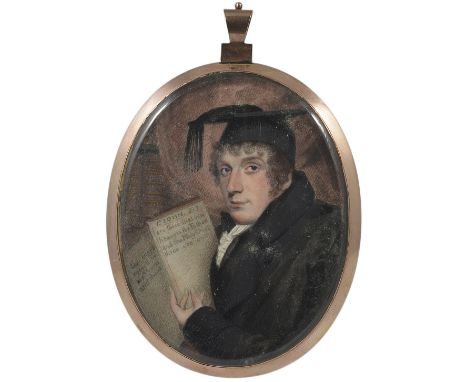 A PORTRAIT MINIATURE OF A STUDENT OF DIVINITY, ENGLISH SCHOOL, CIRCA 1800 with mortar board and black robe, gesturing towards