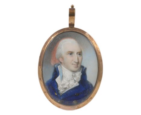 A PORTRAIT MINIATURE OF A GENTLEMAN, BY GEORGE ENGLEHEART (1750-1829), CIRCA 1795 with powdered hair, wearing a blue coat, wh