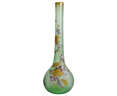 A LARGE FRENCH CAMEO GLASS VASE, LEGRAS ET CIE, PARIS, CIRCA 1900 elongated bottle form, green glass with enamel painted viol