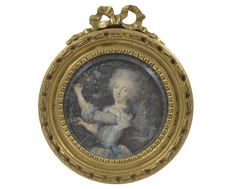 A PORTRAIT MINIATURE OF A LADY, FRENCH SCHOOL, CIRCA 1785 powdered curled hair, wearing a striped gown with white collar and 