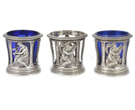 A SET OF THREE FRENCH SILVER SALT CELLARS, D.G. GARREAU, PARIS, 1819-38 each slightly tapered cylindrical and pierced below a