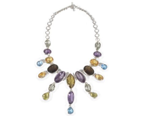 QUARTZ AND TOPAZ NECKLACE the central faceted marquise-cut citrine set between oval amethysts, smoky quartz, citrine, amethys