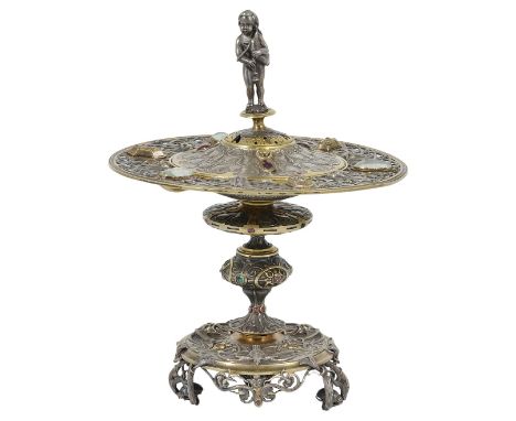 A FRENCH PARCEL-GILT AND OXIDISED SILVER TAZZA AND COVER, FREDERIC-JULES RUDOLPHI, PARIS, CIRCA 1845 the cover set with carbu
