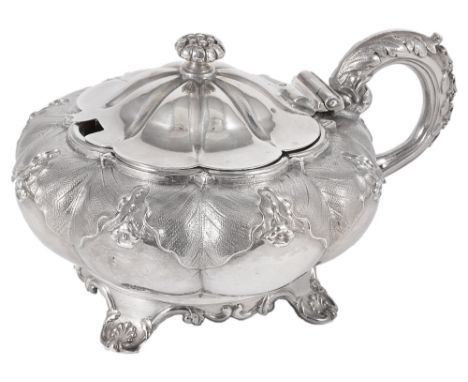 A GEORGE IV SILVER MUSTARD POT, EMES & BARNARD, LONDON, 1826 compressed lobed circular, chased with a band of matted leaves a