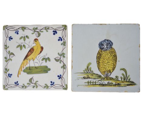 A LIVERPOOL DELFTWARE TILE AND A BRISTOL DELFTWARE TILE, THIRD QUARTER 18TH CENTURY both painted in colours, the former with 
