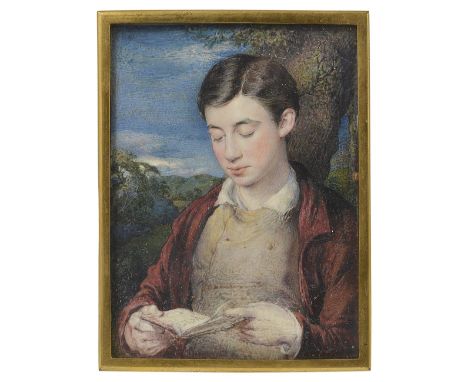 A PORTRAIT MINIATURE OF WELBY SHERMAN, BY GEORGE RICHMOND (1809-1896), CIRCA 1827 in a landscape reading a book, with dark ha