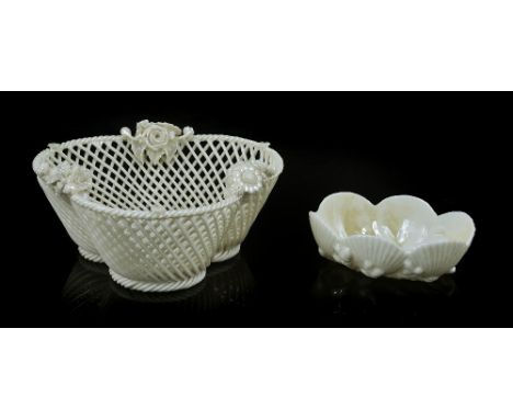 A BELLEEK 'SHAMROCK' PATTERN BASKET, LATE 19TH CENTURY trefoil shape, corded rim applied with three bunches of flowers above 