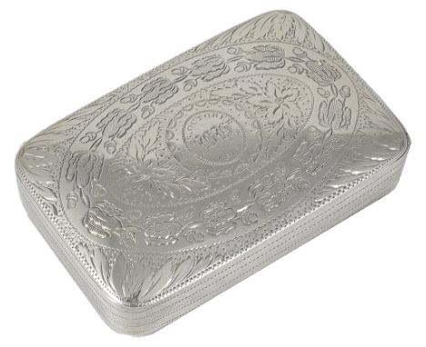 A GEORGE III SILVER SNUFF BOX, JOSEPH WILLMORE, BIRMINGHAM, 1809 oblong, the lid bright-cut with bands of foliage around an o