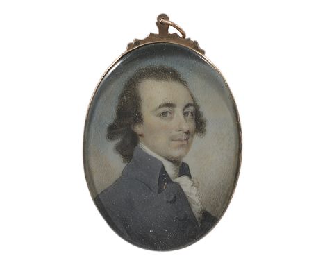 A PORTRAIT MINIATURE OF A GENTLEMAN, BY PHILIP JEAN (1755-1802), CIRCA 1790 dark hair, wearing a grey coat and pleated jabot,